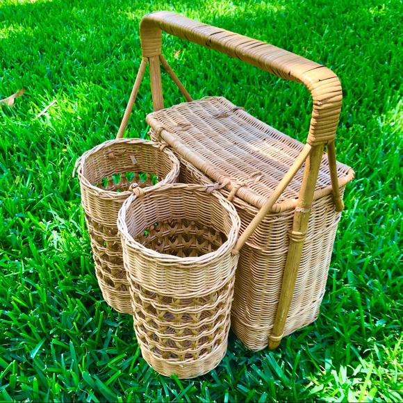 wicker picnic basket with wine holder